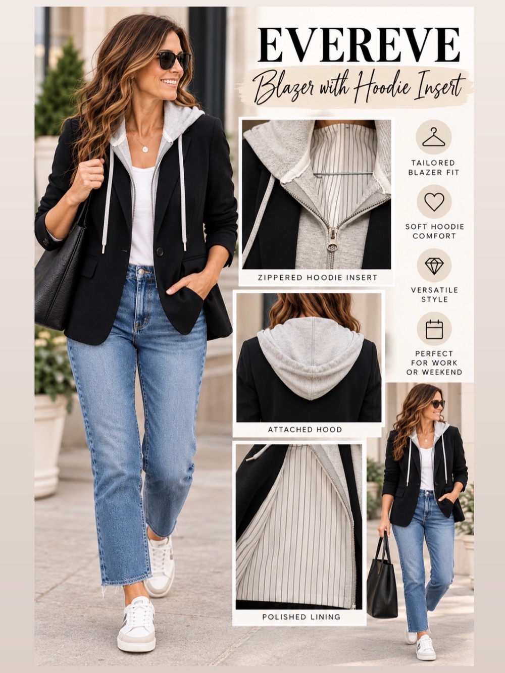 Women’s Black Blazer with Light Gray Hoodie Insert from Evereve